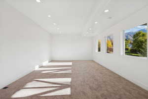 Unfurnished room with recessed lighting and light carpet