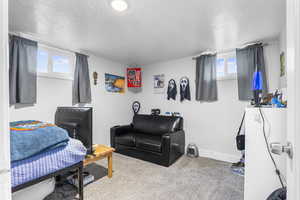 Bedroom with carpet and a textured ceiling