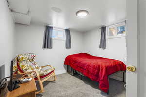 Carpeted bedroom with baseboards