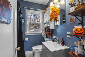 Full bath with curtained shower and vanity