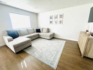 Living area with a textured ceiling and dark wood-style floors
