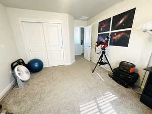 Workout area featuring light colored carpet and baseboards