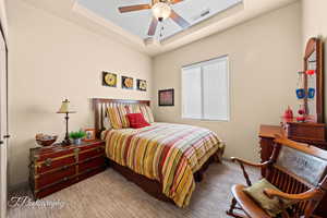 Bedroom with a tray ceiling, carpet flooring, and a ceiling fan