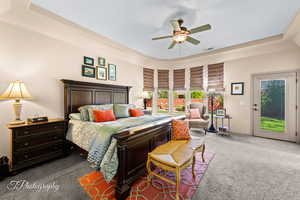 Carpeted bedroom with access to outside, a tray ceiling, and a ceiling fan
