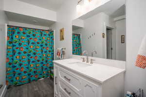 Downstairs bathroom with vanity, a shower with curtain, and dark wood-style flooring