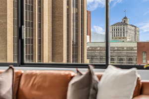 Interior space with a city view