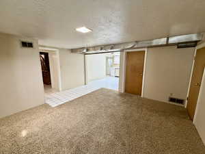 Finished basement with carpet, a textured ceiling, wood walls, and tile patterned flooring