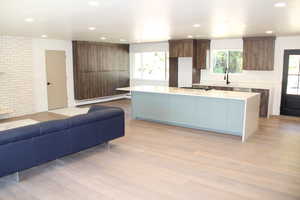 Kitchen featuring a kitchen island, light wood-type flooring, open floor plan, plenty of natural light, and recessed lighting