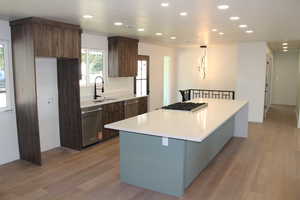 Kitchen with recessed lighting, light wood-style flooring, a center island, modern cabinets, and appliances with stainless steel finishes