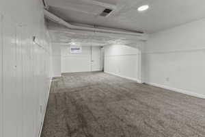 Basement with carpet and wood walls