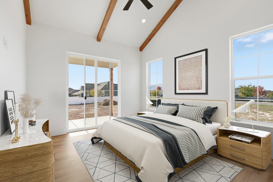 Bedroom featuring access to outside, ceiling fan, wood finished floors, beamed ceiling, and high vaulted ceiling