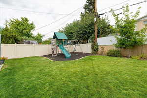 Fenced backyard featuring a playground