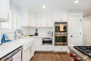 Kitchen with white cabinets, appliances with stainless steel finishes, tasteful backsplash, dark wood-style floors, and recessed lighting