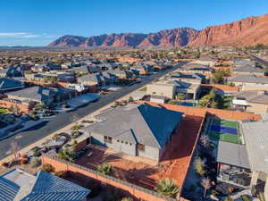 Aerial view of residential area with a mountain backdrop