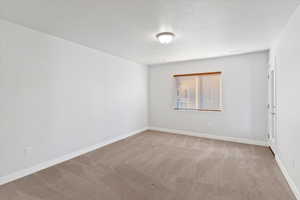 Spare room with light colored carpet and a textured ceiling