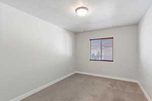 Empty room featuring light carpet and a textured ceiling
