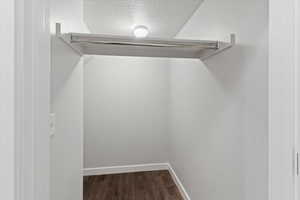 Walk in closet with dark wood finished floors