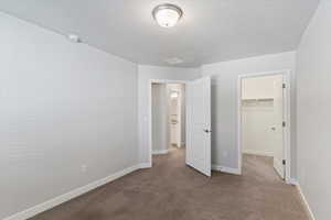 Unfurnished bedroom with carpet, a walk in closet, and a textured ceiling