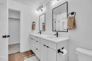 Full bathroom with double vanity, light wood-type flooring, and a spacious closet