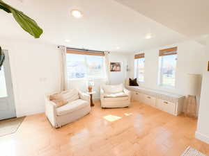 Living area with light wood finished floors and recessed lighting