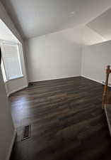 Additional living space with dark wood-type flooring and vaulted ceiling