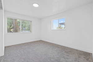 Carpeted empty room featuring healthy amount of natural light and a textured ceiling