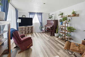 Living area featuring light wood finished floors and a textured ceiling
