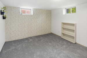 Basement with wallpapered walls and carpet floors