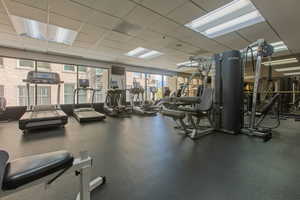 Workout area featuring a paneled ceiling