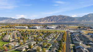 Aerial view of residential area with mountains