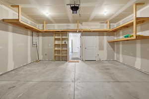 Garage featuring shelving
