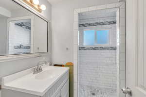 Basement in bathroom has walk-in shower