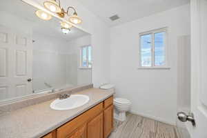 Bathroom with vanity, healthy amount of natural light, and light wood-type flooring