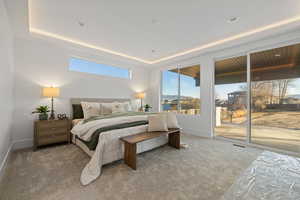 Carpeted bedroom featuring access to outside and a tray ceiling