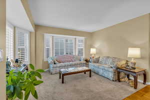Living area with baseboards and carpet floors