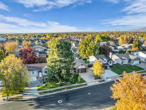 Aerial view of residential area with mountains