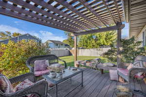 Wooden terrace featuring an outdoor hangout area, a fenced backyard, and a pergola