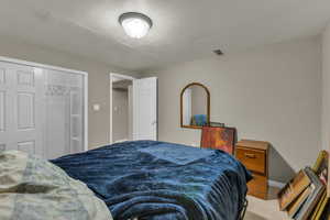 Carpeted bedroom featuring a closet and a textured ceiling