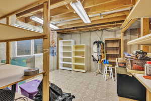 Unfinished basement with light flooring