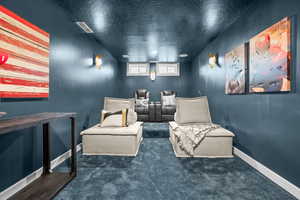 Carpeted home theater with a textured ceiling and baseboards