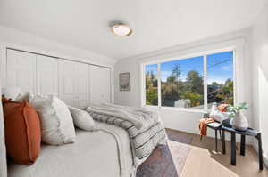 Bedroom featuring wood finished floors and a closet