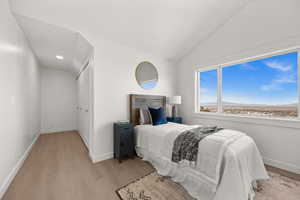 Bedroom featuring vaulted ceiling, light wood-style floors, a mountain view, and a closet