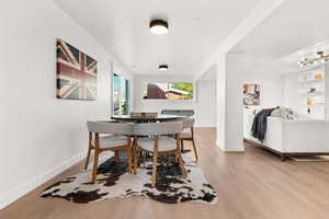 Dining room featuring light wood-style floors and baseboards