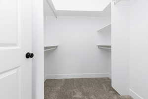 Walk in closet with dark carpet
