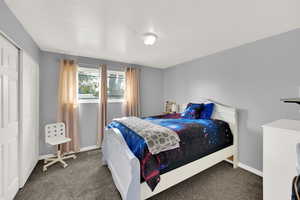 Carpeted bedroom with a closet and a textured ceiling