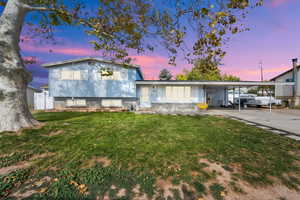 Split level home with a yard, a carport, and concrete driveway
