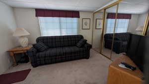 Carpeted living area featuring a drop ceiling