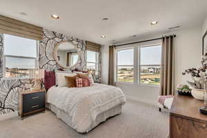 Carpeted bedroom featuring recessed lighting