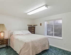 Bedroom with dark carpet and a textured ceiling