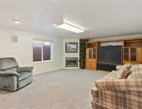 Living area featuring a glass covered fireplace, light carpet, and a textured ceiling